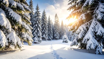 Snowy pine trees glow bright