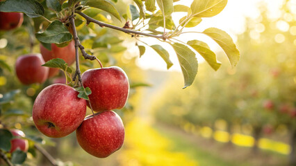 Red Apple hanging tree in garden in natural warm sunlight background
