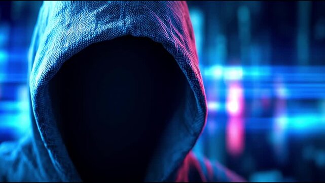 incognito user concept. Mysterious figure wearing a hood in a digital environment.