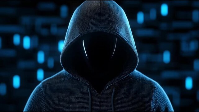 incognito user concept. Mysterious figure in a hooded sweatshirt against a digital backdrop.