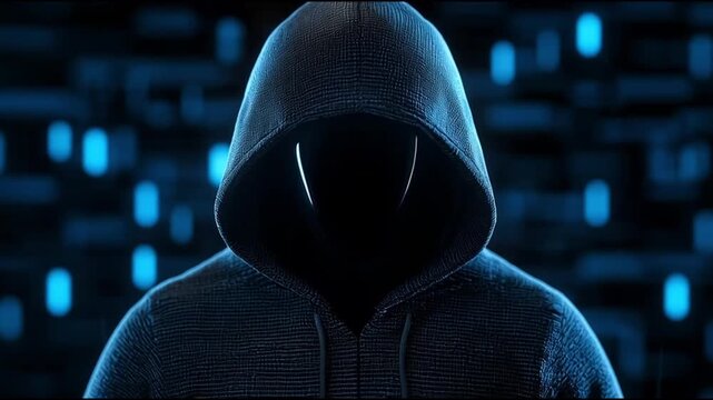 incognito user concept. Mysterious figure shrouded in a hoodie against a digital background.