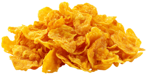 Crispy and golden cornflakes in a close-up view isolated on transparent background. PNG, cutout, showcasing their texture and color.