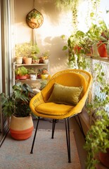 Cozy yellow armchair inviting relaxation on balcony garden oasis