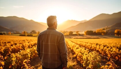 Fototapeta premium Man gazes at golden vineyard sunset
