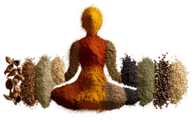 artistic representation depicting seated meditative figure created from various spices in vibrant colors, symbolizing creativity and the culinary arts isolated on transparent background. PNG, cutout.