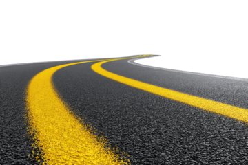 Highway road curving away into darkness.  Yellow lines mark lanes.  Asphalt texture visible