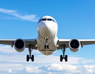 Fototapeta premium Low-angle view of a white passenger jet descending against a clear blue sky