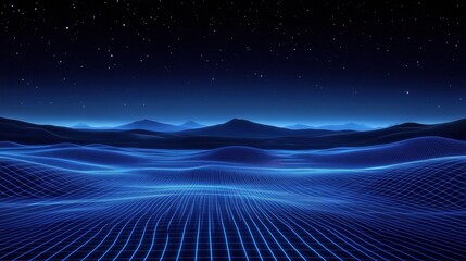 Cyberpunk-style digital landscape under a starry night