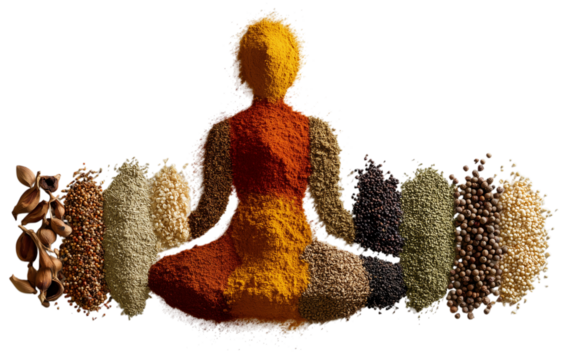 artistic representation depicting seated meditative figure created from various spices in vibrant colors, symbolizing creativity and the culinary arts isolated on transparent background. PNG, cutout.
