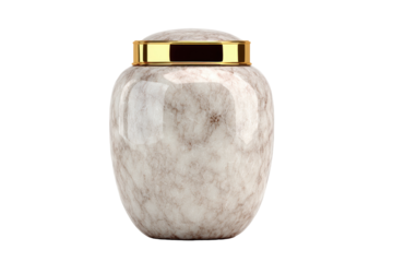 Cream-colored urn with gold trim,  marble effect