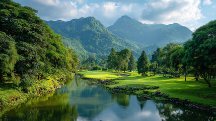 a beautiful green golf course with trees and mountains in the background.