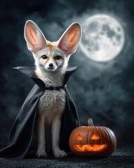 Halloween Fennec Fox: A captivating image of a Fennec fox, adorned in a black cape, striking a pose in a Halloween themed setting under a radiant moon.