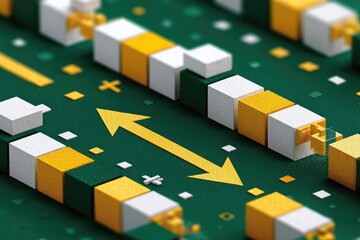 Abstract 3D rendering of gold and white cubes on a green surface with arrows indicating data flow