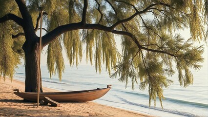 Serene beach scene featuring a wooden boat resting on the sandy shore, sheltered under a large tree with cascading leaves, overlooking calm ocean waters