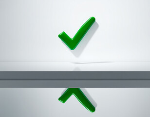 Shiny Green Check Mark Symbol on White Background with Reflection