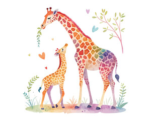 Fototapeta premium watercolor mother giraffe with her kid vector illustration isolated on white background