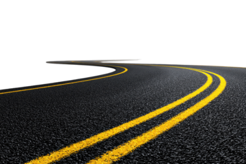 Dark asphalt road curves into the night.  Two yellow lines mark the center