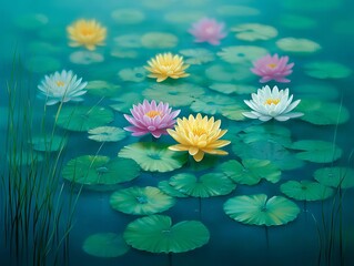 A serene pond filled with colorful lotus flowers and greenery.