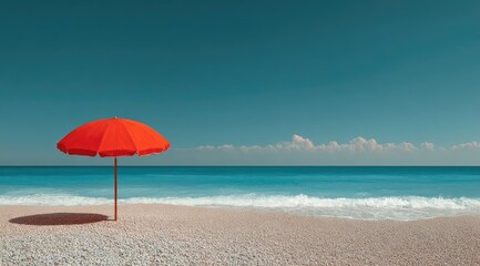 Fototapeta premium Solitary red beach umbrella on tranquil ocean shore