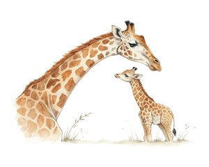 watercolor mother giraffe with her kid vector illustration isolated on white background
