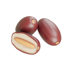 3D illustration of a sliced date revealing inner seed. Popular for its chewy texture and energy-rich content in traditional dishes.

