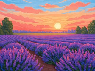 Fototapeta premium Vibrant lavender field under a colorful sunset sky.