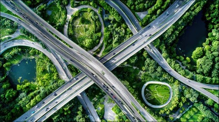 Aerial View of Highway Interchange Intertwined with Lush Green Spaces and Urban Parks