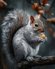 A curious squirrel holding a golden acorn on a branch.