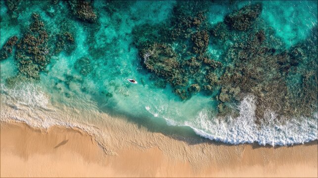 Aerial View of Turquoise Water, Coral Reefs, Sandy Beach and a Lone Surfer - Powered by Adobe
