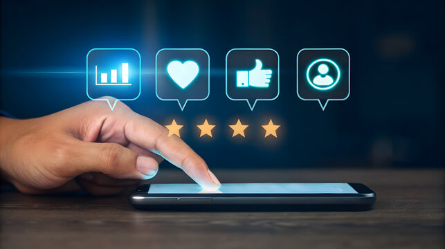 Hand touching smartphone screen with glowing social media icons and stars