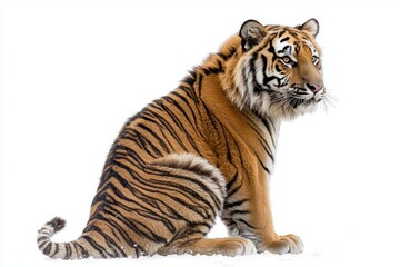 Fototapeta premium Siberian tiger sitting in the snow, isolated on white