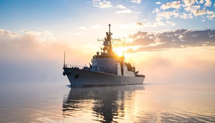 Fototapeta premium Military ship at sunrise