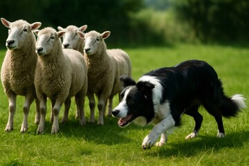 Border collie herding sheep in verdant pasture, exemplifying canine intelligence and pastoral teamwork on farmland