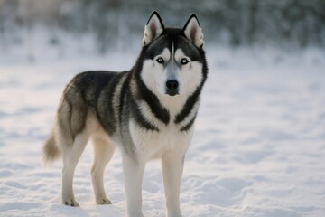 Fototapeta premium Majestic blue eyed husky standing amid snowy pine forest, winter sunlight highlighting thick fur and alert posture