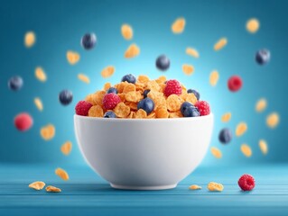 Colorful cereal bowl with fresh berries and falling cornflakes.