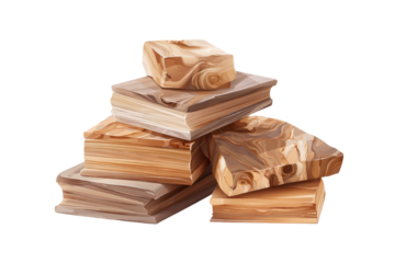 Stack of rough-hewn, light beige and tan blocks of stone or wood, with intricate marbling patterns, displayed in a three-dimensional pile