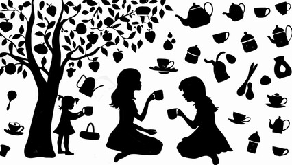 Silhouette of girls having tea party under apple tree with teapots and cups scattered around them