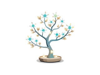 Decorative illuminated tree with glowing blue flowers and soft yellow lights isolated on white background
