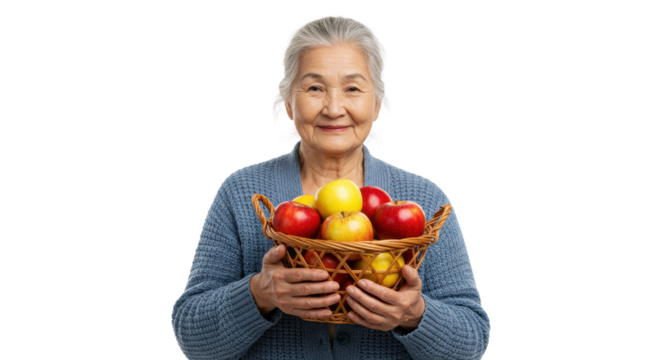 Happy senior Asian woman holding a wicker basket of fresh apples isolated PNG with Transparent Background