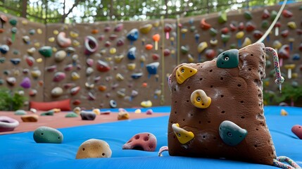 Indoor climbing gym with colorful holds and padded flooring for safe bouldering practice