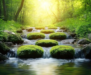 Obraz premium Sunlight streams through forest, illuminating moss-covered stones in a tranquil creek