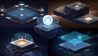 Futuristic digital interface with glowing geometric shapes and abstract technological elements creating a sense of advanced data processing and innovation