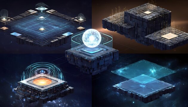 Futuristic digital interface with glowing geometric shapes and abstract technological elements creating a sense of advanced data processing and innovation