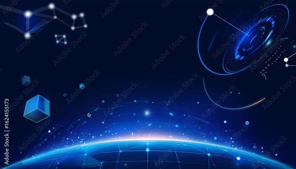 Wall mural futuristic digital network connecting earth with glowing blue lines and abstract geometric shapes in