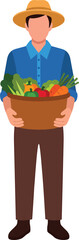 Farmer holding a basket full of fresh vegetables and fruits.