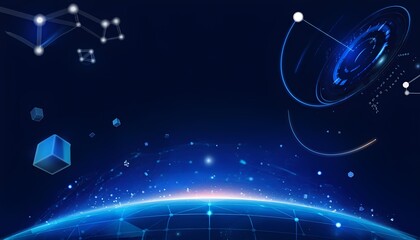 Obraz premium Futuristic digital network connecting earth with glowing blue lines and abstract geometric shapes in deep space representing global connectivity and advanced technology