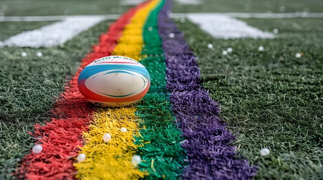 Colorful Rugby Ball on Field with Vibrant Rainbow Turf Design for Sport, Team, Fun, and Pride