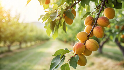 Apricot hanging on tree branch in garden in natural warm sunlight background