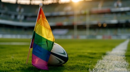Rainbow Flag and Rugby Ball on Grass Field During Sunset at a Sports Stadium