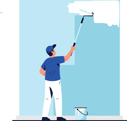 Man painting a wall with a roller and paint bucket.